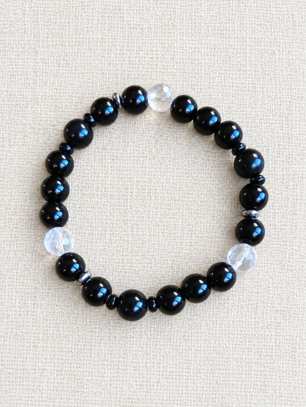 Black Onyx, Rainbow Obsidian & Clear Quartz Beaded Stretch Bracelet | Handmade